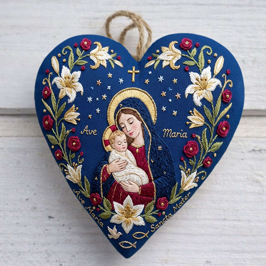 Rubbyoo Heart Embroidery Kit -  Floral Ave Maria | Christian Handmade Gift For Home Decor | Religious Christmas Shelf Decor - 6 inches hoop kit - image 1