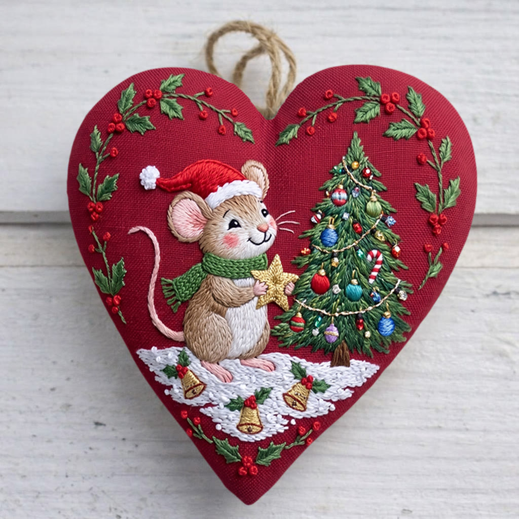 Rubbyoo Heart Embroidery Kit -  Lovely Mouse | Handmade Christmas Nursery Decor | Ideal Xmas Tree Hanging - 6 inches hoop kit - image 1
