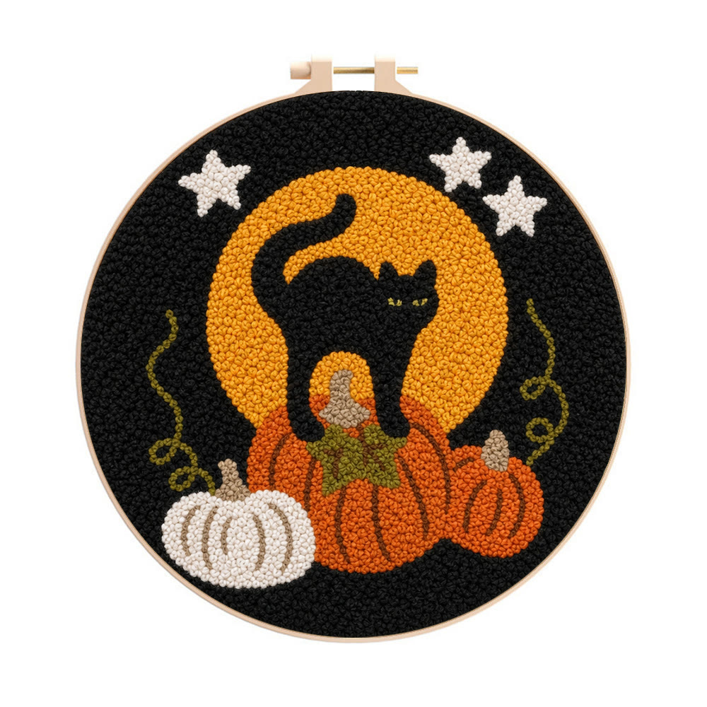 Halloween Kitty Cat Punch Needle Kit - Hand-stitched Whimsical Fiber Art | Special Halloween Gift For Friends - 8 inch Hoop Kit - image 1