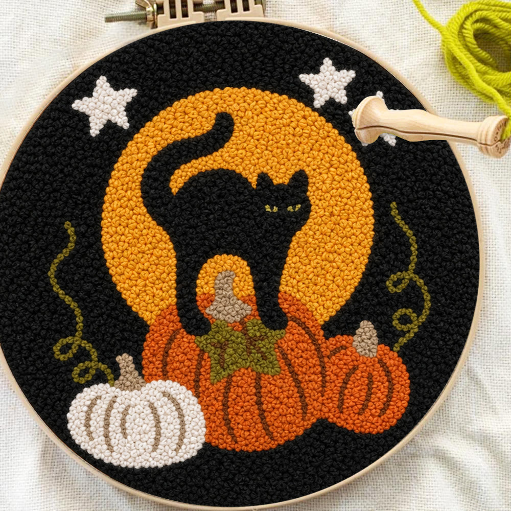 Halloween Kitty Cat Punch Needle Kit - Hand-stitched Whimsical Fiber Art | Special Halloween Gift For Friends - image 2