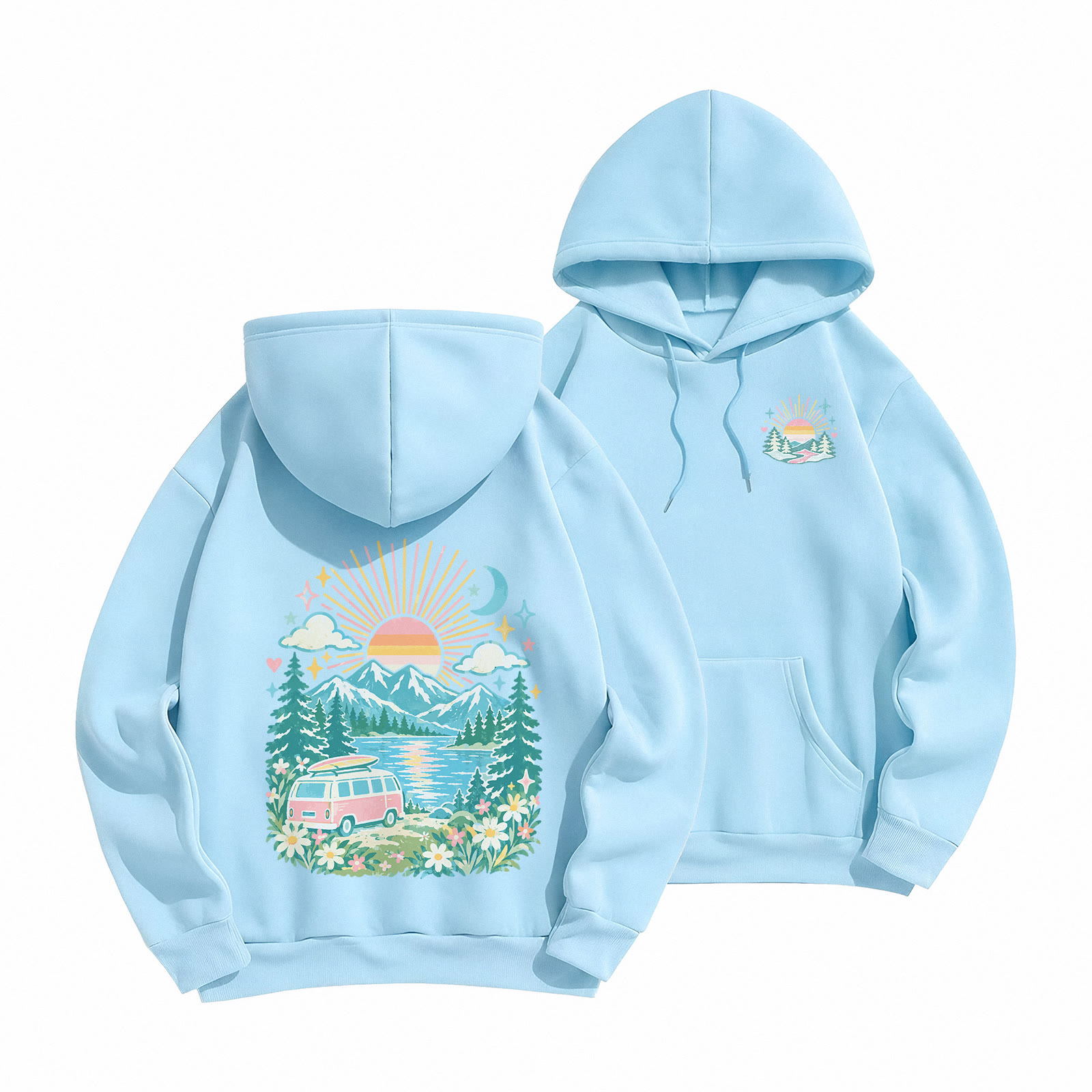 Rubbyoo  Sunrise  In The Mountain Scene Unisex Hoodie - Light Blue - 2XL - image 1