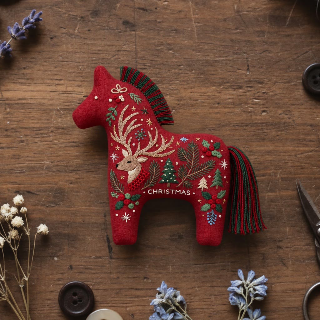 Rubbyoo Dala Horse Embroidery Kit - Vintage Christmas Deer | Ideal Xmas Tree Hanging | Handmade Holiday Gift For Nature Lovers - 6 inches hoop kit - image 1