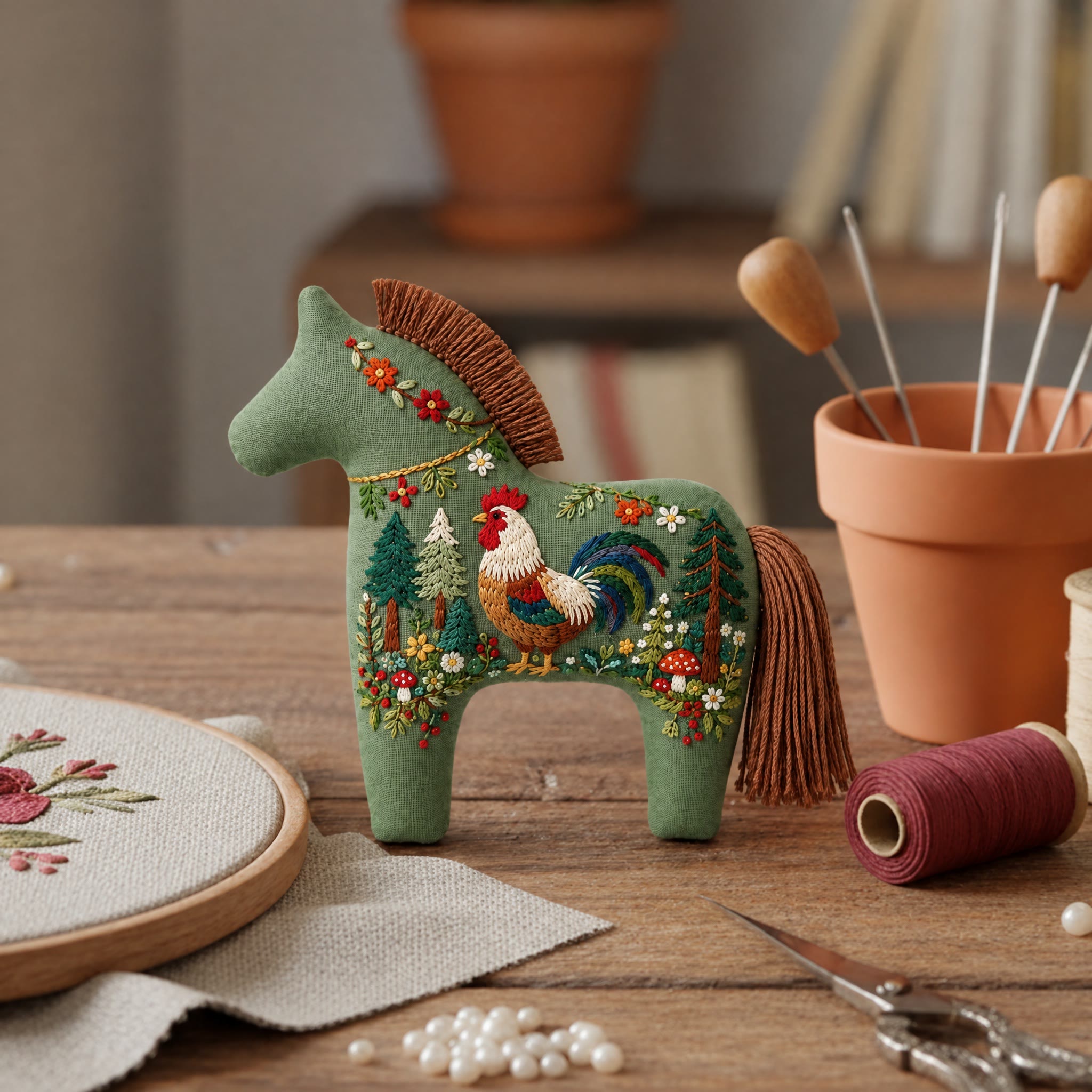 Rubbyoo Dala Horse Embroidery Kit - Rooster On A Walk | Handmade Woodland Folk Art Craft | Cottagecore Farmhouse Ornament - image 2