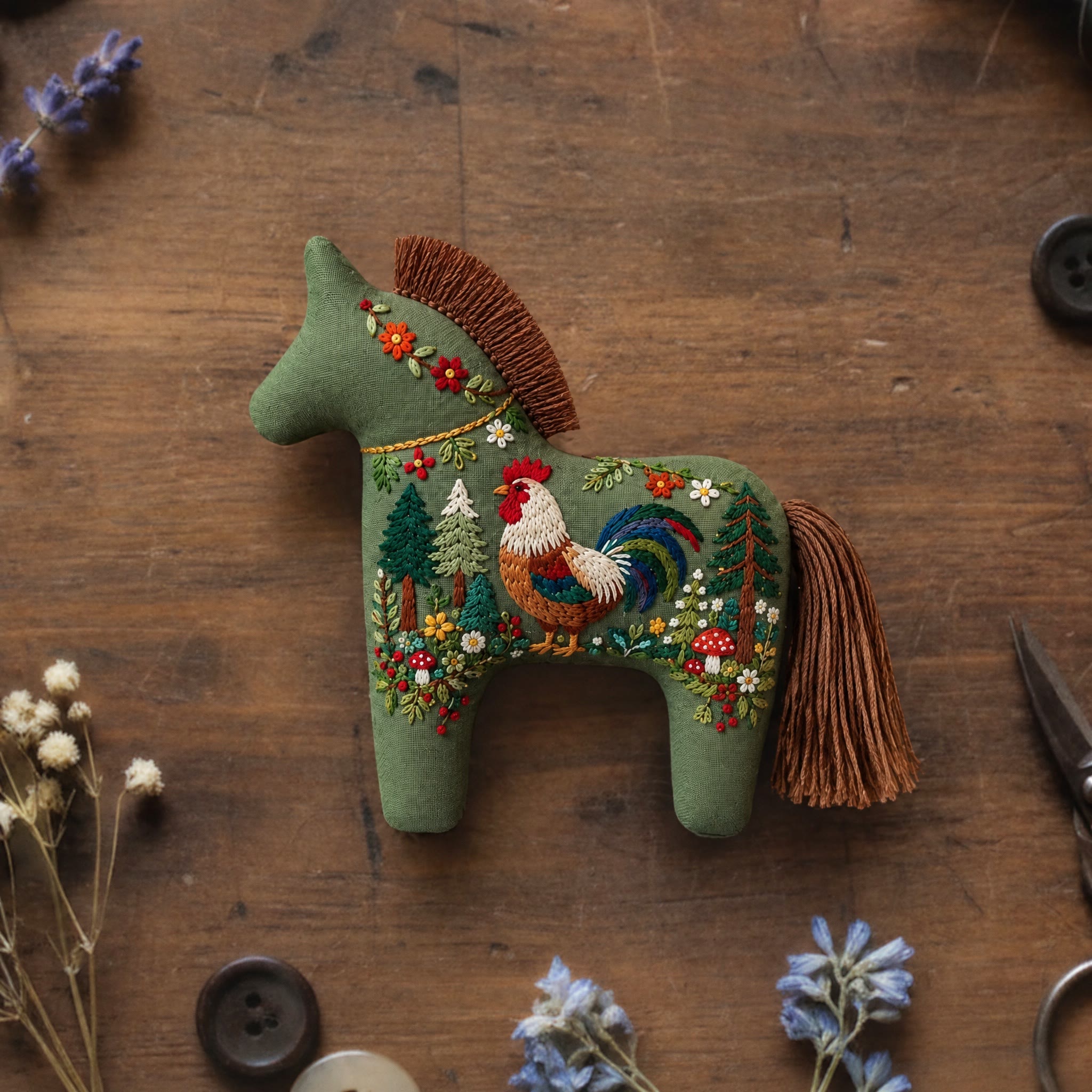 Rubbyoo Dala Horse Embroidery Kit - Rooster On A Walk | Handmade Woodland Folk Art Craft | Cottagecore Farmhouse Ornament - 6 inches hoop kit - image 1