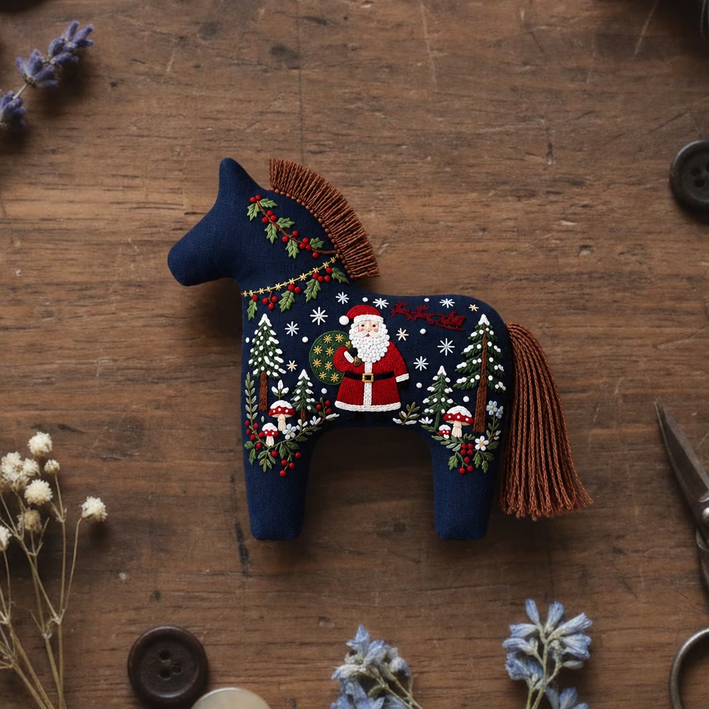 Rubbyoo Dala Horse Embroidery Kit - Santa Night | Handmade Xmas Tree Hanging | Cozy Christmas Home Ornament - 6 inches hoop kit - image 1