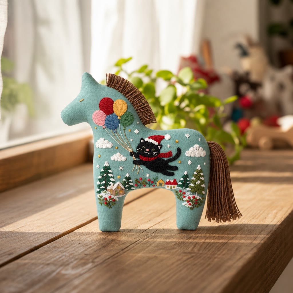 Rubbyoo Dala Horse Embroidery Kit - Flying Kitty | Diy Christmas Nursery Room Decor | Cozy Animal Art Gift For Kids - image 2