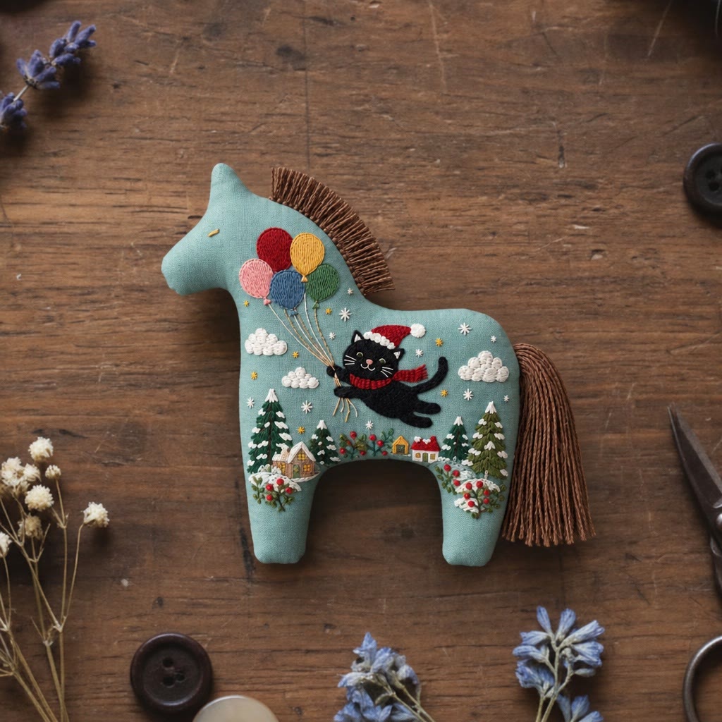 Rubbyoo Dala Horse Embroidery Kit - Flying Kitty | Diy Christmas Nursery Room Decor | Cozy Animal Art Gift For Kids - 6 inches hoop kit - image 1