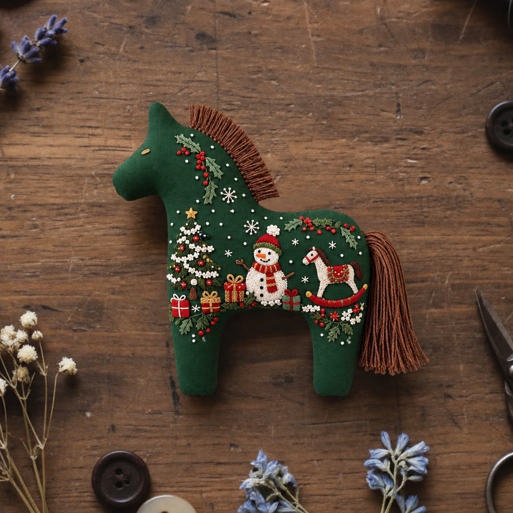 Rubbyoo Dala Horse Embroidery Kit - Christmas Snowman | Diy Xmas Tree Hanging | Cozy Festive Home Display Accent - 6 inches hoop kit - image 1
