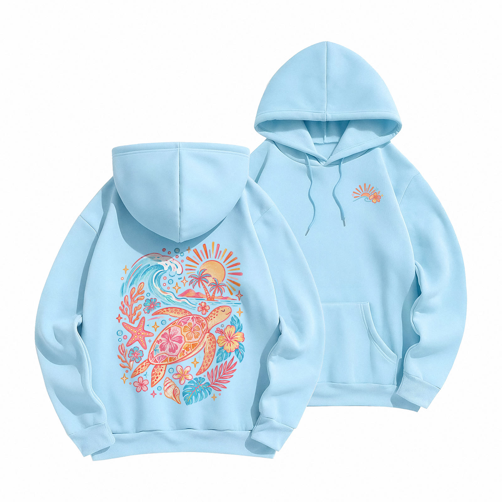 Rubbyoo Surfing Turtle Unisex Hoodie For Animal Lover - Light Blue - 2XL - image 1