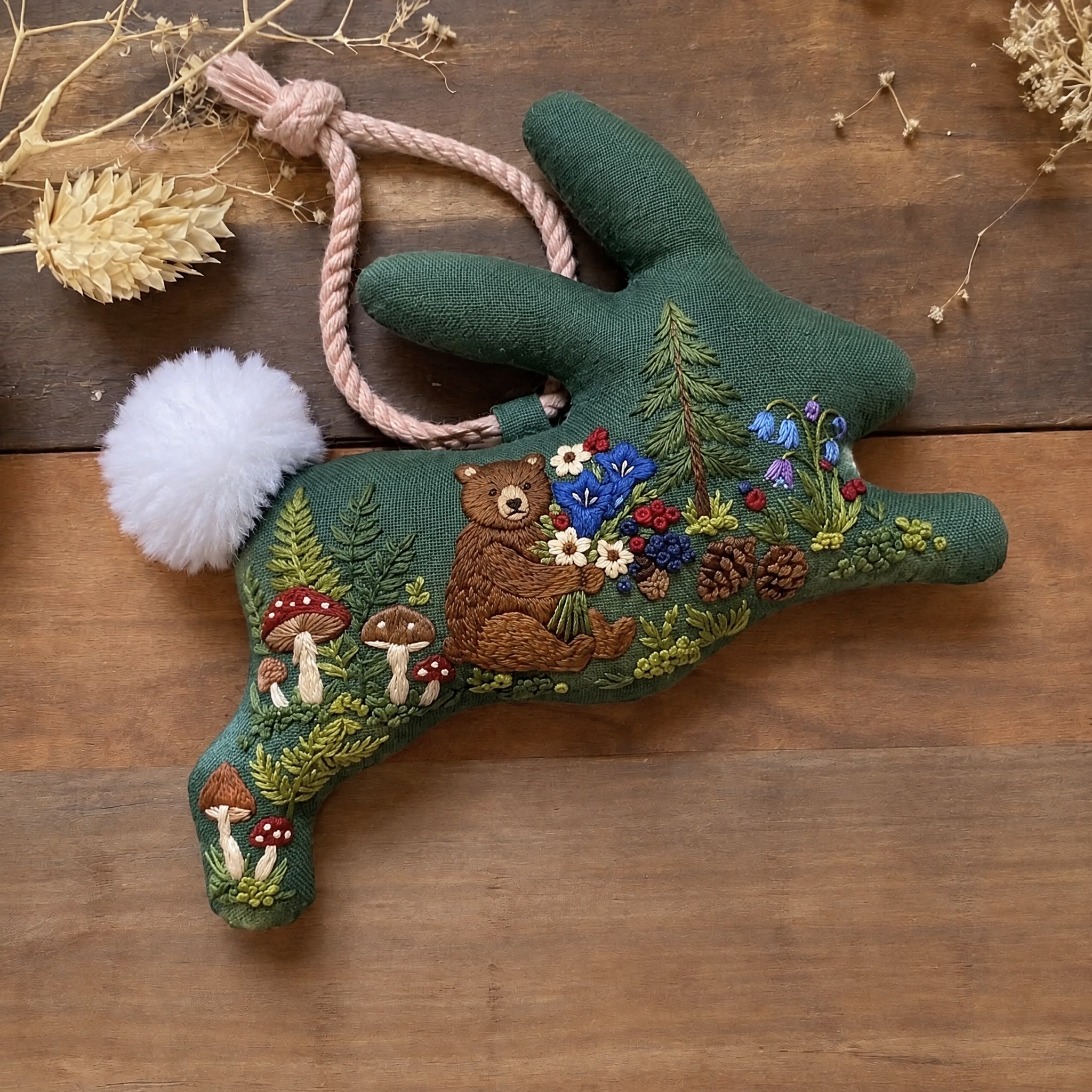 Rubbyoo Rabbit Embroidery Kit - Bear With A Bouquet | Rustic Landscape Art Decor | Handmade Woodland Nature Scene  - 6 inches hoop kit - image 1