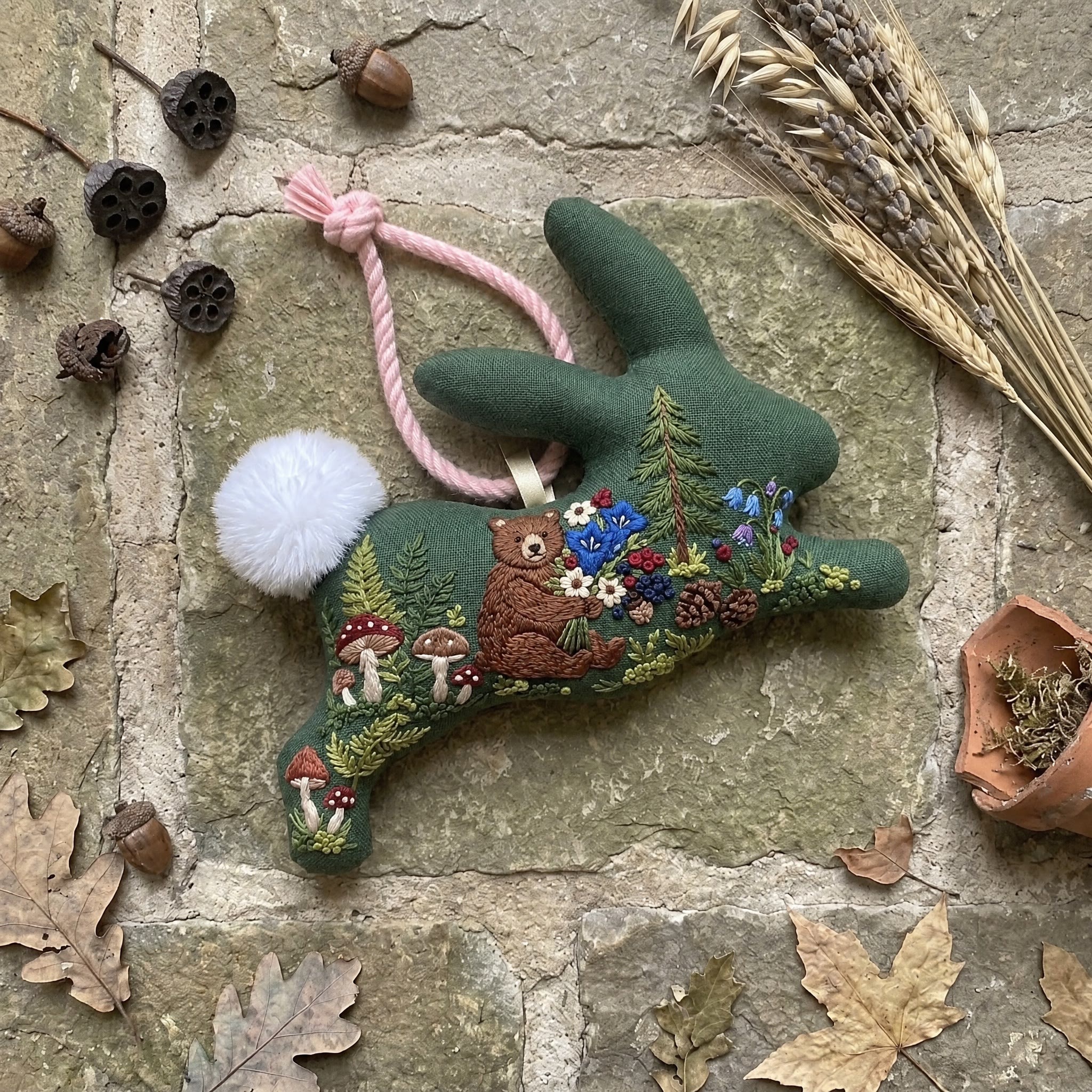 Rubbyoo Rabbit Embroidery Kit - Bear With A Bouquet | Rustic Landscape Art Decor | Handmade Woodland Nature Scene  - image 6