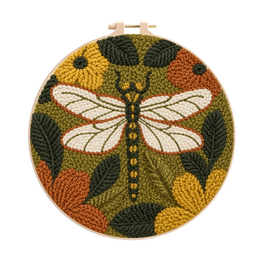Enchanted Dragonfly Punch Needle Kit - Handmade Stylish Gift Idea | Vintage Dragonfly & Flowers Handicraft - 8 inch Hoop Kit - image 1