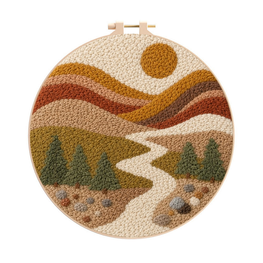 Golden Mountain Range Punch Needle Kit - Beginner-Friendly DIY Craft Project | Landscape Motif Gift For Nature Lover - 8 inch Hoop Kit - image 1