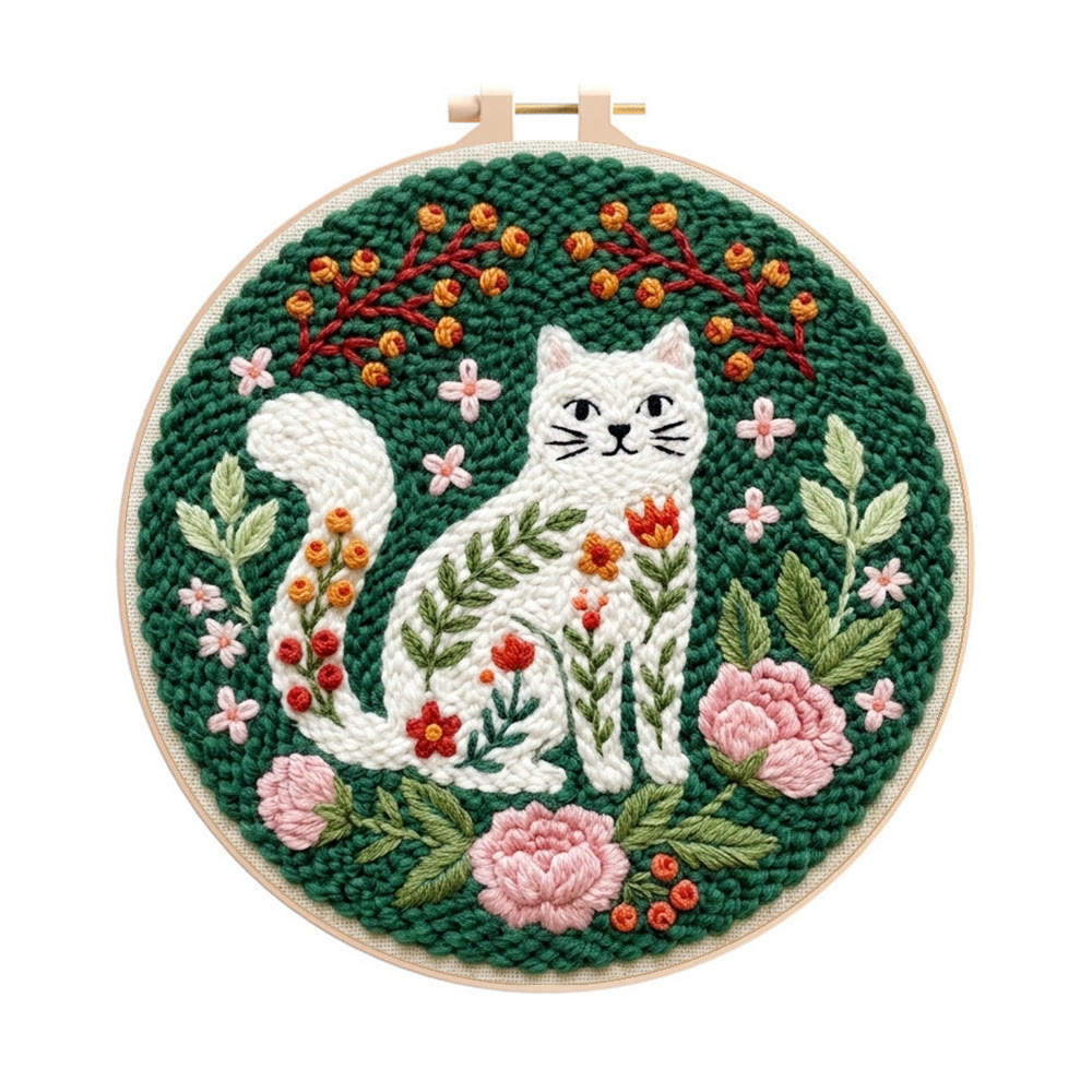 Playful Cat In The Garden Punch Needle Kit -  Intricate Floral Kitty Home Accent | Easy-to-do Cute Animal Needlework - 8 inch Hoop Kit - image 1
