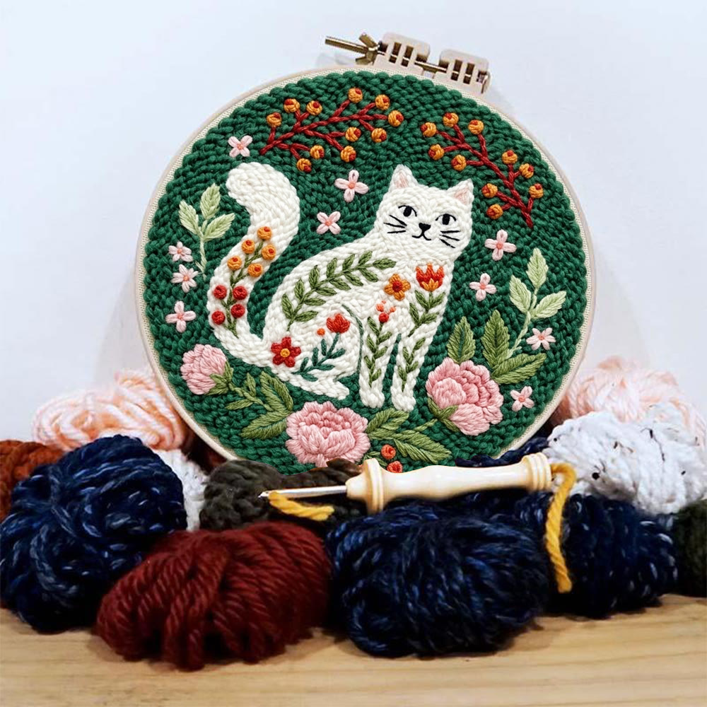 Playful Cat In The Garden Punch Needle Kit -  Intricate Floral Kitty Home Accent | Easy-to-do Cute Animal Needlework - image 4