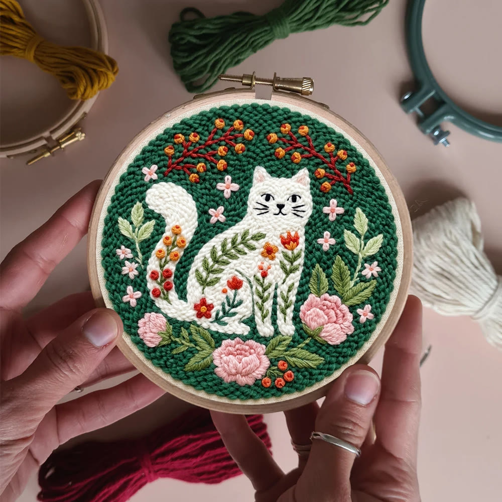 Playful Cat In The Garden Punch Needle Kit -  Intricate Floral Kitty Home Accent | Easy-to-do Cute Animal Needlework - image 6