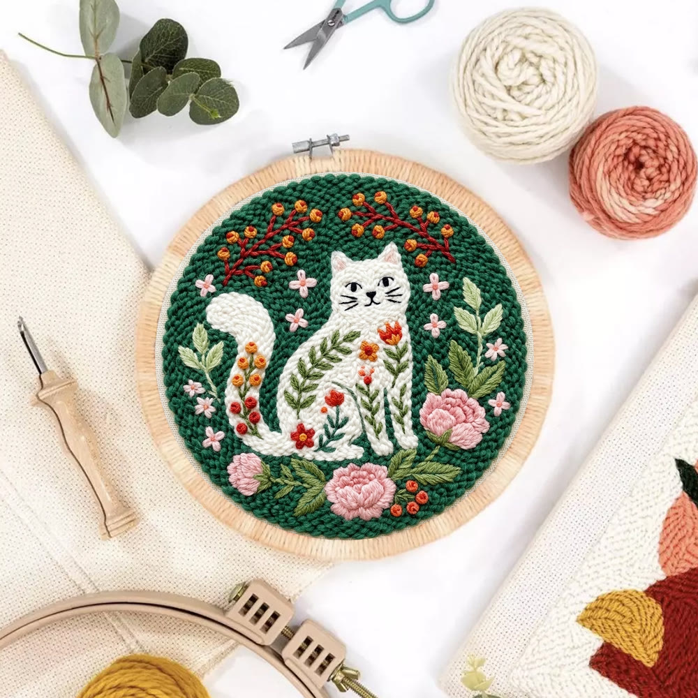 Playful Cat In The Garden Punch Needle Kit -  Intricate Floral Kitty Home Accent | Easy-to-do Cute Animal Needlework - image 9