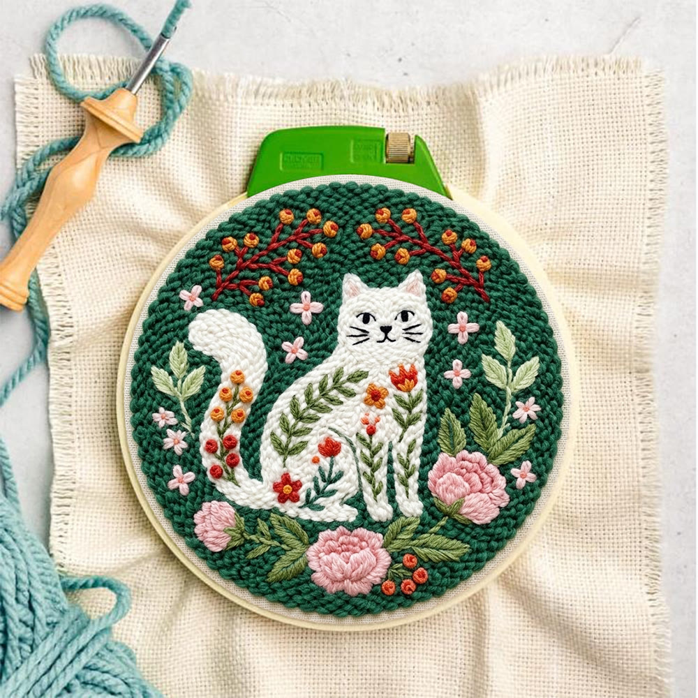 Playful Cat In The Garden Punch Needle Kit -  Intricate Floral Kitty Home Accent | Easy-to-do Cute Animal Needlework - image 5