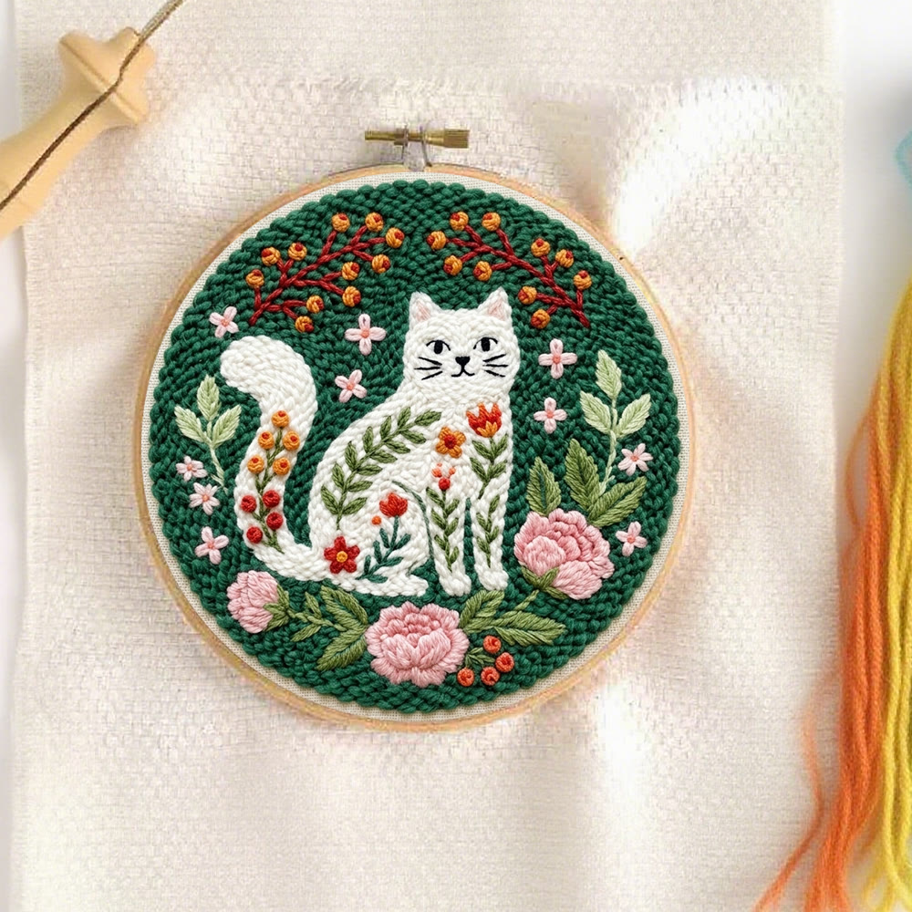 Playful Cat In The Garden Punch Needle Kit -  Intricate Floral Kitty Home Accent | Easy-to-do Cute Animal Needlework - image 8