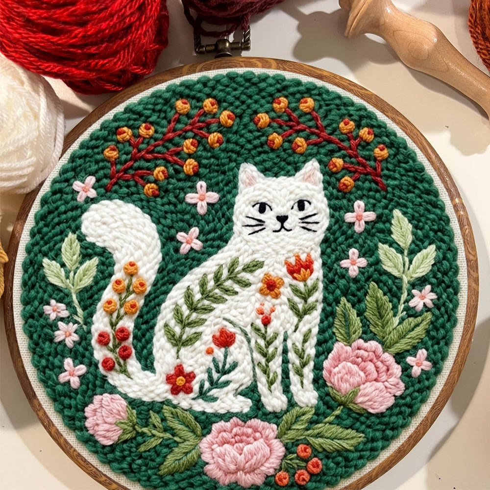 Playful Cat In The Garden Punch Needle Kit -  Intricate Floral Kitty Home Accent | Easy-to-do Cute Animal Needlework - image 2