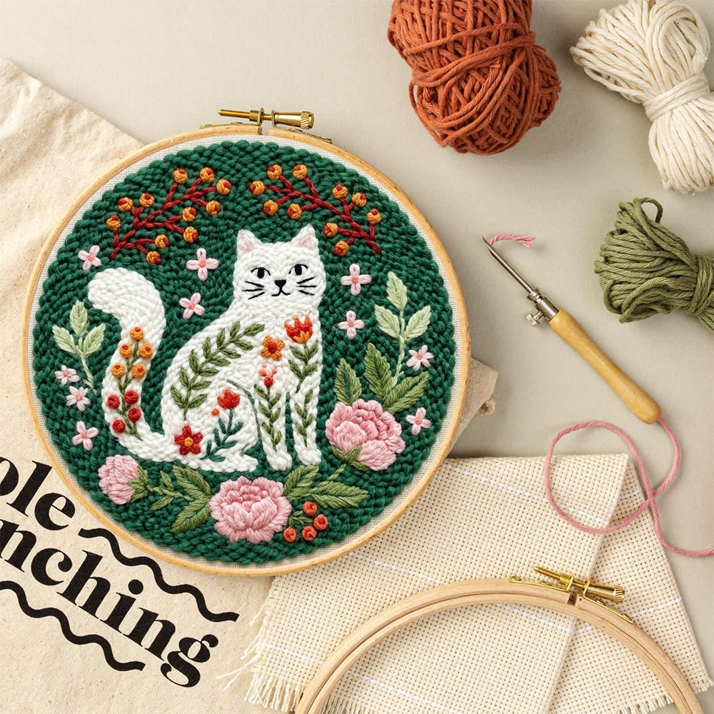 Playful Cat In The Garden Punch Needle Kit -  Intricate Floral Kitty Home Accent | Easy-to-do Cute Animal Needlework - image 7