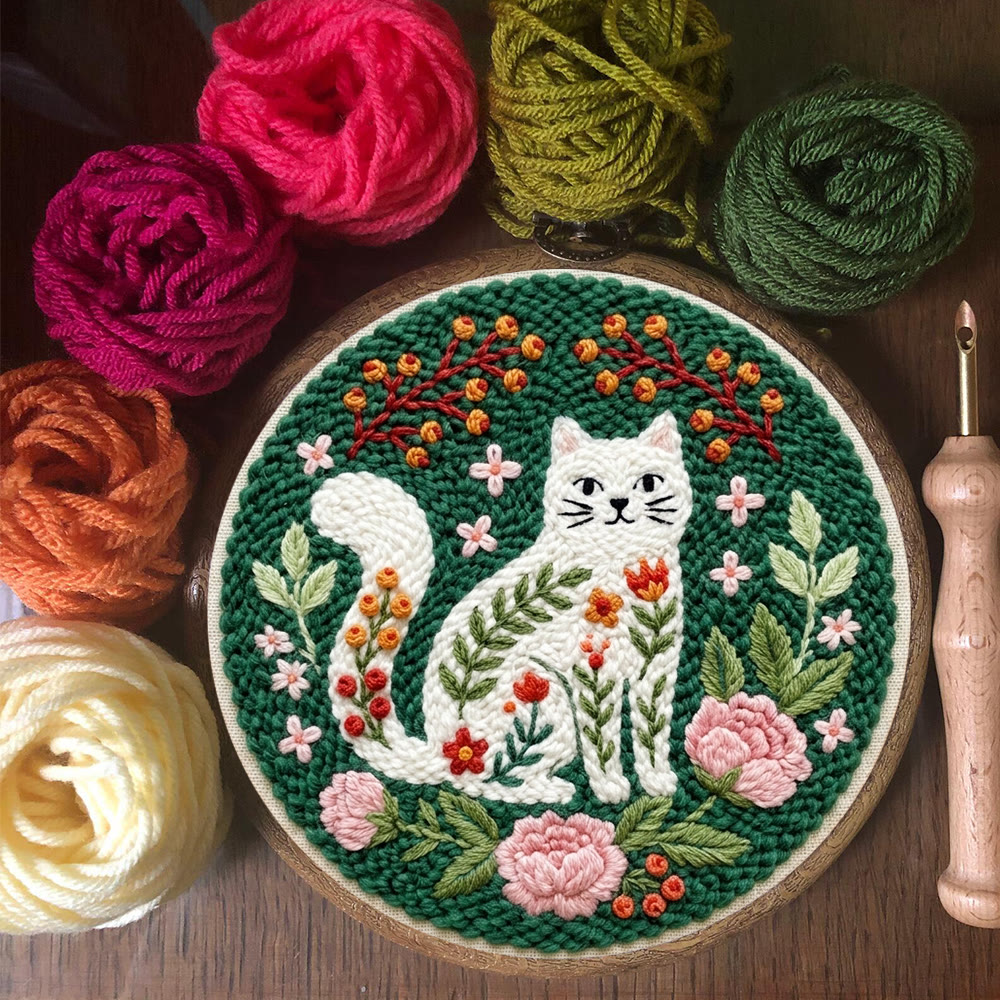 Playful Cat In The Garden Punch Needle Kit -  Intricate Floral Kitty Home Accent | Easy-to-do Cute Animal Needlework - image 3