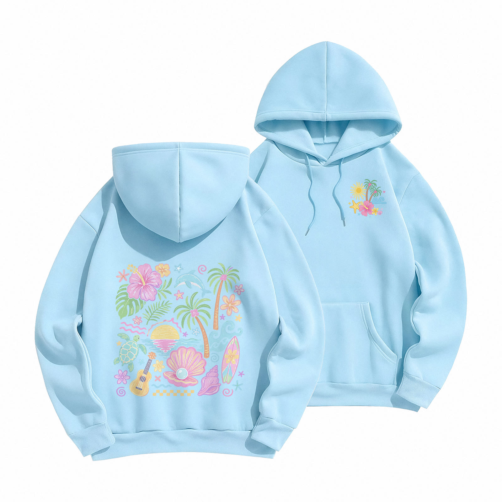 Rubbyoo Summer Vacation Beach Time Unisex Hoodie - Light Blue - 2XL - image 16