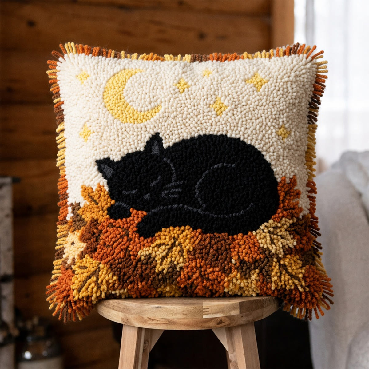 Rubbyoo Latch Hook Pillow Kit - Sleepy Black Kitty | Autumn Diy Needlework Gift For Beginners | Cozy Cottagecore Home Accent - 43*43cm - image 1