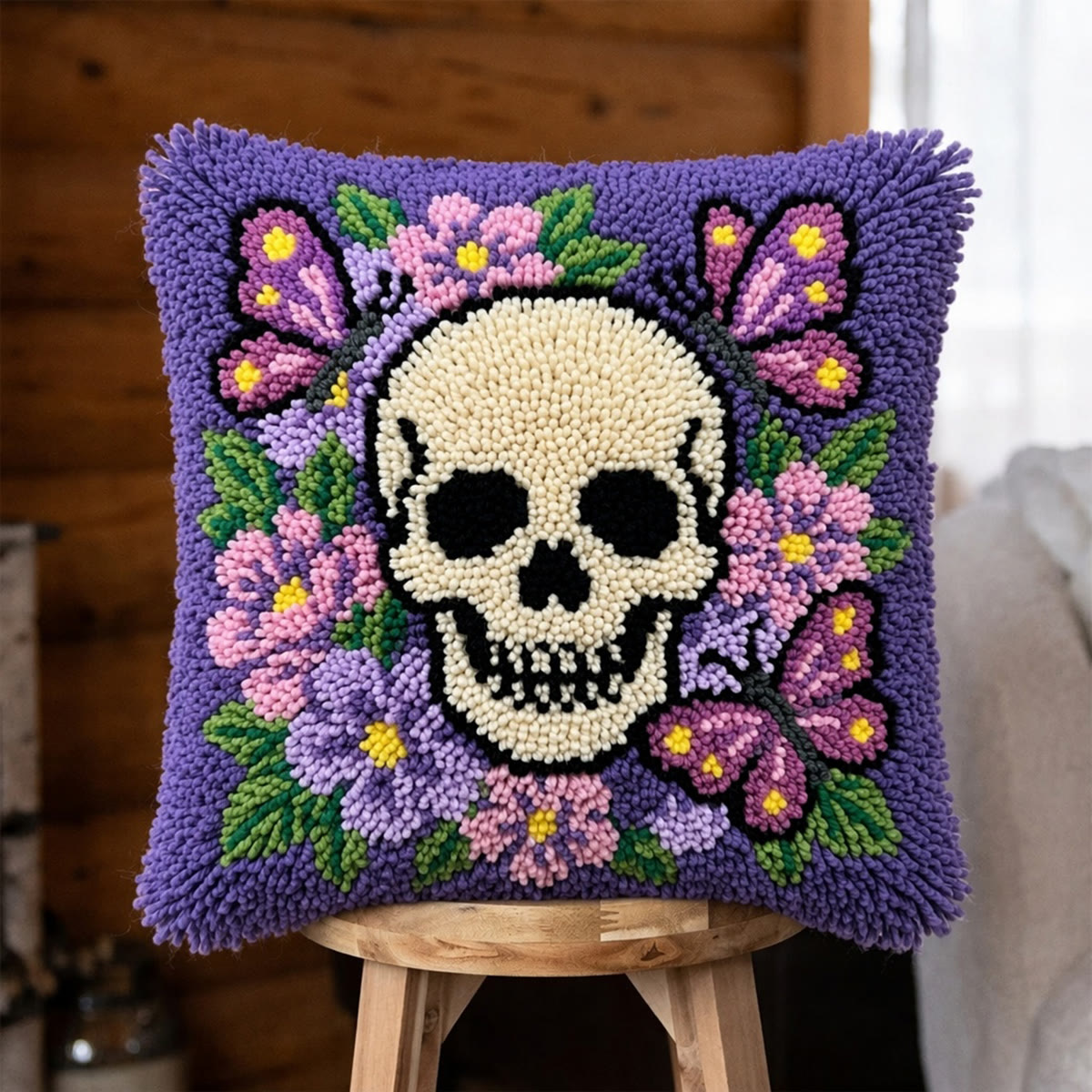 Rubbyoo Latch Hook Pillow Kit - Floral Butterfly Skull | Elegant Dark Academia Accent | Mindful Needlework Holiday Present - 43*43cm - image 1