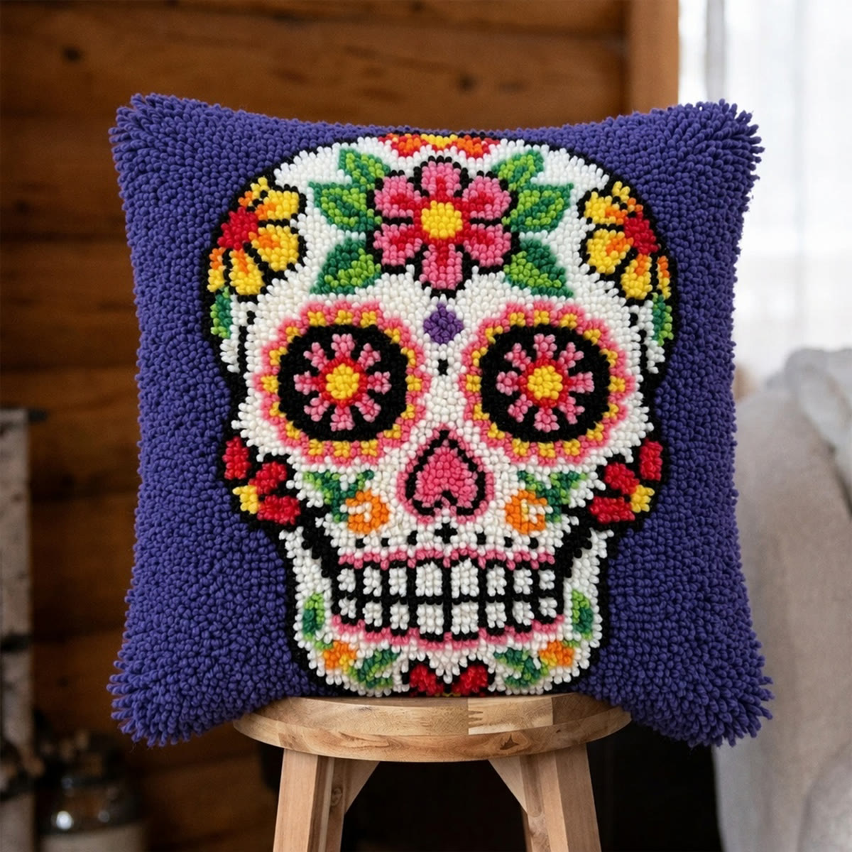 Rubbyoo Latch Hook Pillow Kit - Whimsical Floral Skull | Creative Day Of The Dead Gift | Vibrant Mexican Folk Art - 43*43cm - image 1