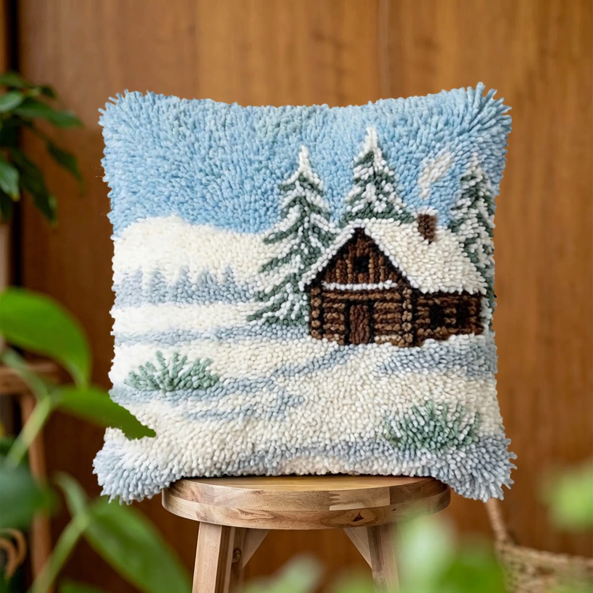Rubbyoo Latch Hook Pillow Kit - Snowy Woodland Cabin | Nature Inspired Home Accent | Rustic Farmhouse Room Decor - 43*43cm - image 1