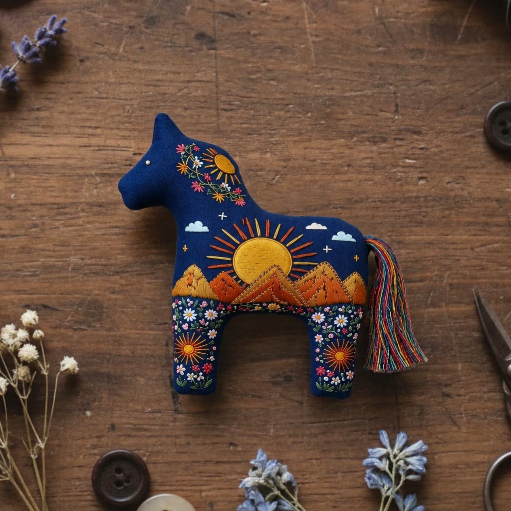 Rubbyoo Dala Horse Embroidery Kit - Sunset Valley | Boho Folk Art Ornament | Handmade Rustic Floral Accent - 6 inches hoop kit - image 1