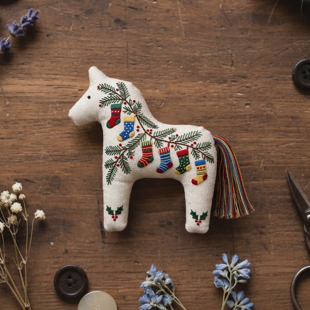 Rubbyoo Dala Horse Embroidery Kit - Christmas Socks Branch | Diy Rustic Evergreen Craft | Cozy Festive Party Decor - 6 inches hoop kit - image 1