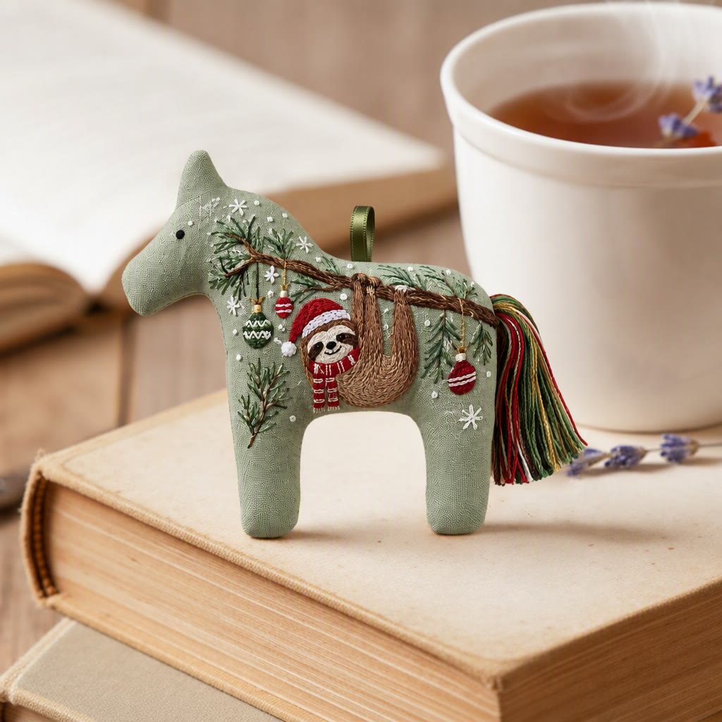 Rubbyoo Dala Horse Embroidery Kit - Christmas Cheerful Sloth | Handmade Lovely Nursery Room Accent | Nordic Holiday Decor - image 2