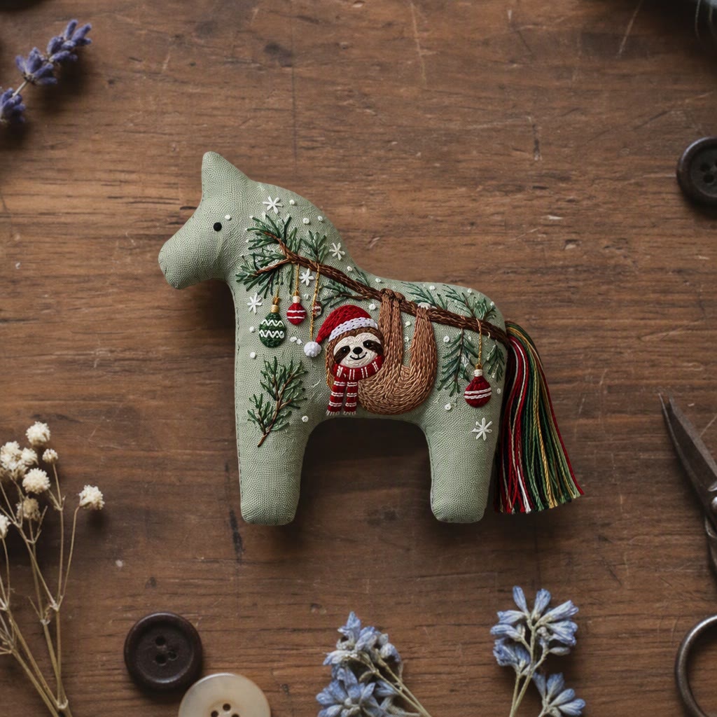 Rubbyoo Dala Horse Embroidery Kit - Christmas Cheerful Sloth | Handmade Lovely Nursery Room Accent | Nordic Holiday Decor - 6 inches hoop kit - image 1