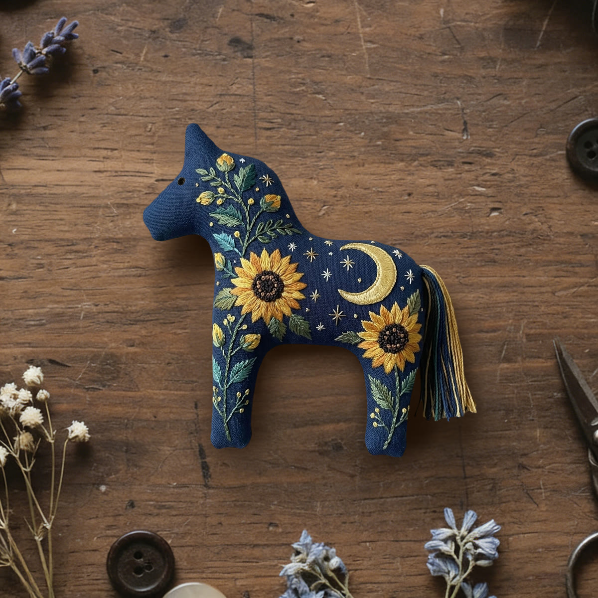Rubbyoo Dala Horse Embroidery Kit - Moonlit Sunflower Night | Nature Inspired Craft For Beginners | Creative Botanical Home Decor - 6 inches hoop kit - image 1