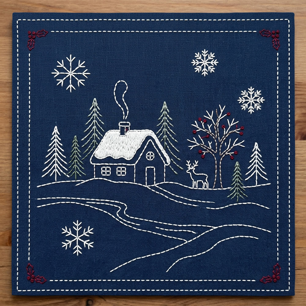 Rubbyoo Sashiko Embroidery Kit - Christmas Village View | Aesthetic Home Decor | Handmade Christmas Gift For Her - 20*20cm - image 1
