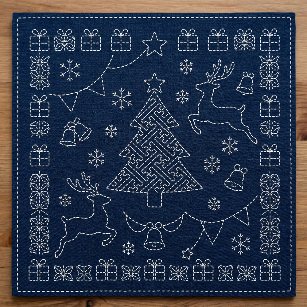 Rubbyoo Sashiko Embroidery Kit - Christmas Party Time | Exquisite Deer & Christmas Tree Pattern | Entry-Level Xmas Sewing Project - 20*20cm - image 1