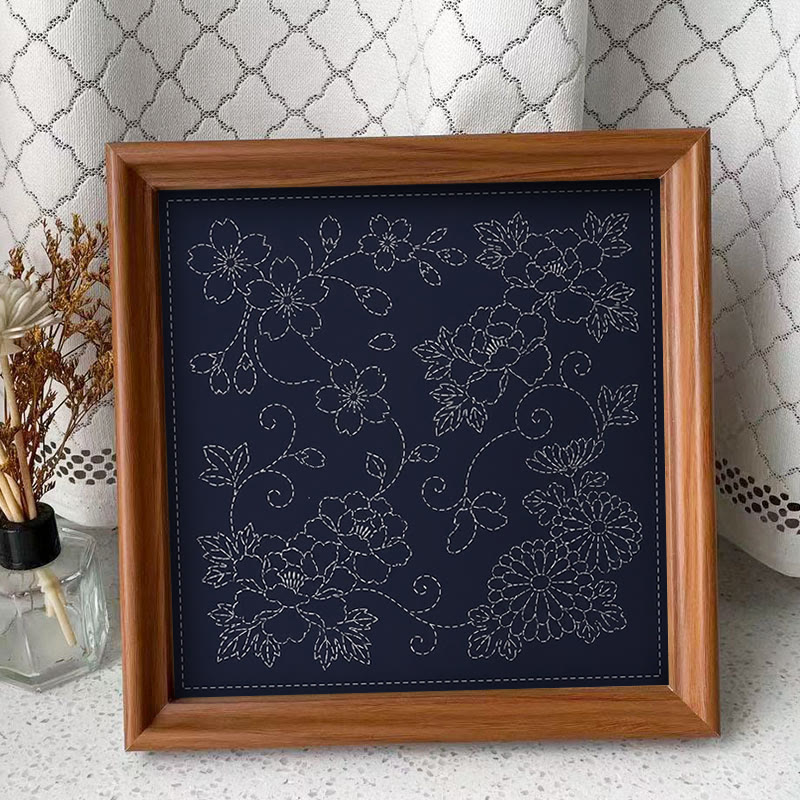 Rubbyoo Sashiko Embroidery Kit -  Floral Vine | Simple Floral Pattern | Spring Vibe Room Ornament - Embroidery Kit Plus An Extra Frame - image 2