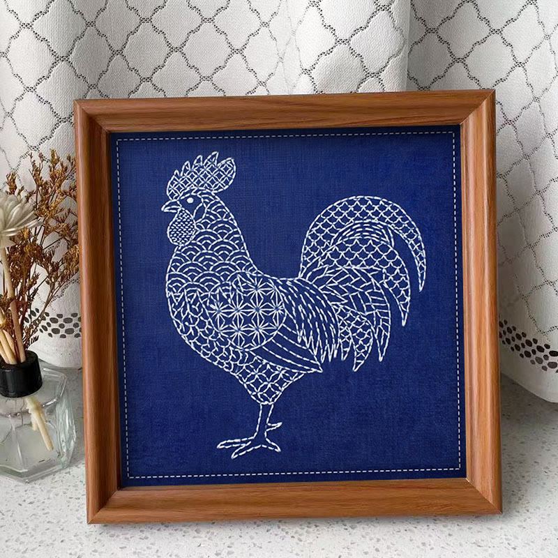 Rubbyoo Sashiko Embroidery Kit -  Rooster | Classic Needlework Art | Blue & White Aesthetic Decor - Embroidery Kit Plus An Extra Frame - image 2