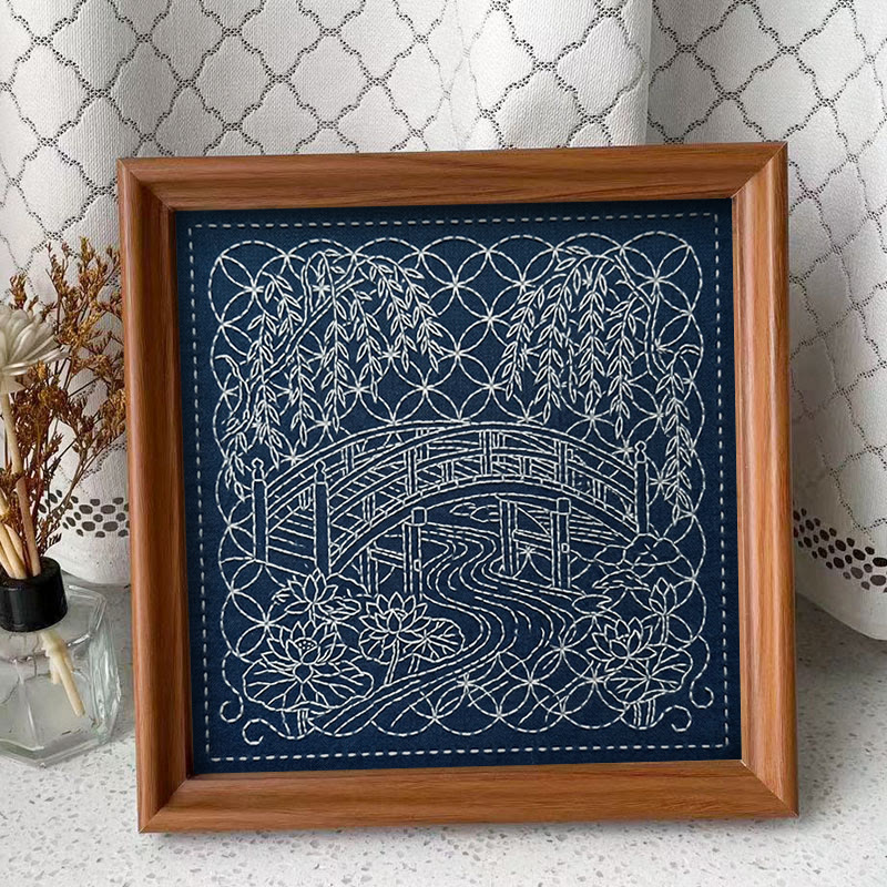Rubbyoo Sashiko Embroidery Kit -  Zen Garden Bridge | Entry-Level Handmade Gift For Beginner | Cozy & Mindful DIY Ornament - Embroidery Kit Plus An Extra Frame - image 2