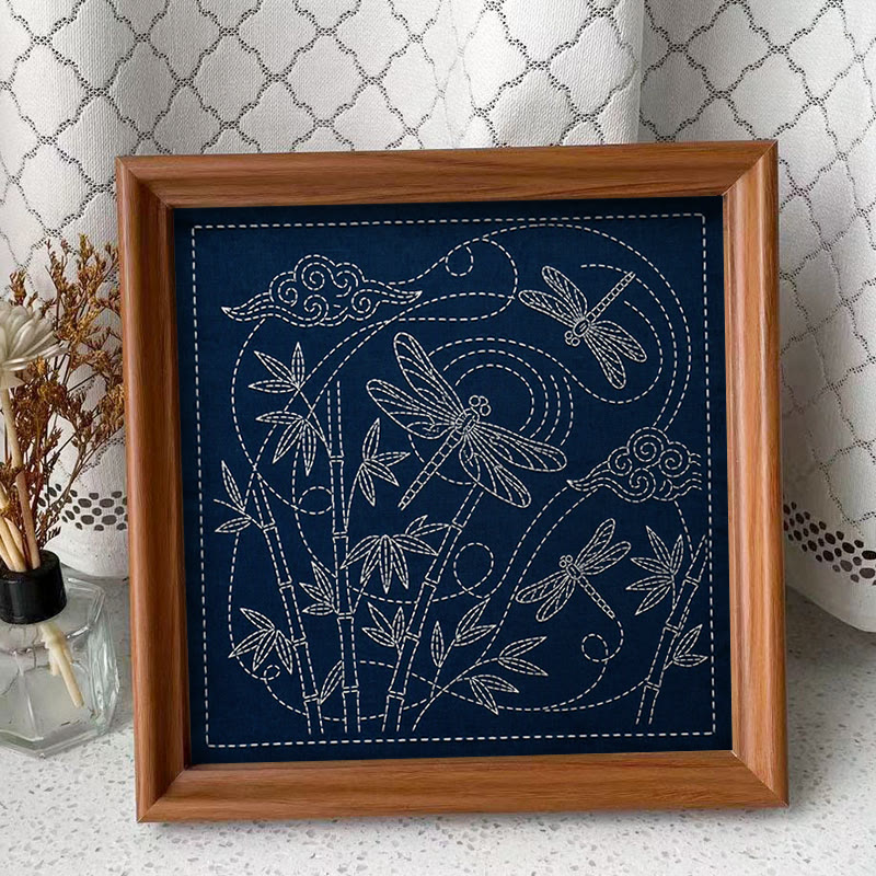 Rubbyoo Sashiko Embroidery Kit - Dragonfly With Bamboo | Unique Embroidery Design | Nice For Stitch Beginner  - Embroidery Kit Plus An Extra Frame - image 2