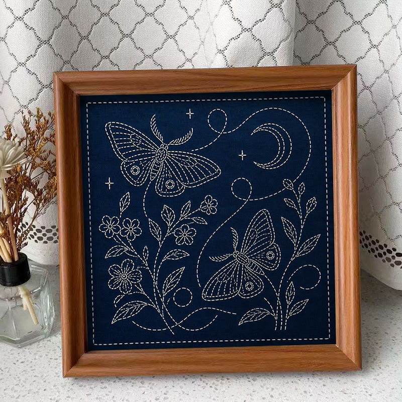 Rubbyoo Sashiko Embroidery Kit - Moth At Night | Diy Insect Handicraft | Creative Hoop Art  - Embroidery Kit Plus An Extra Frame - image 2