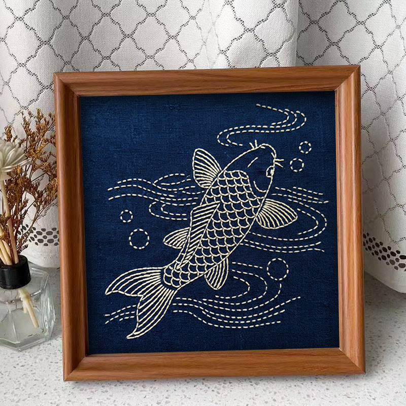 Rubbyoo Sashiko Embroidery Kit - Koi Fish In The Water | Relaxing Mindful Hobby For Beginners | Perfect Present For Minimalist - Embroidery Kit Plus An Extra Frame - image 2
