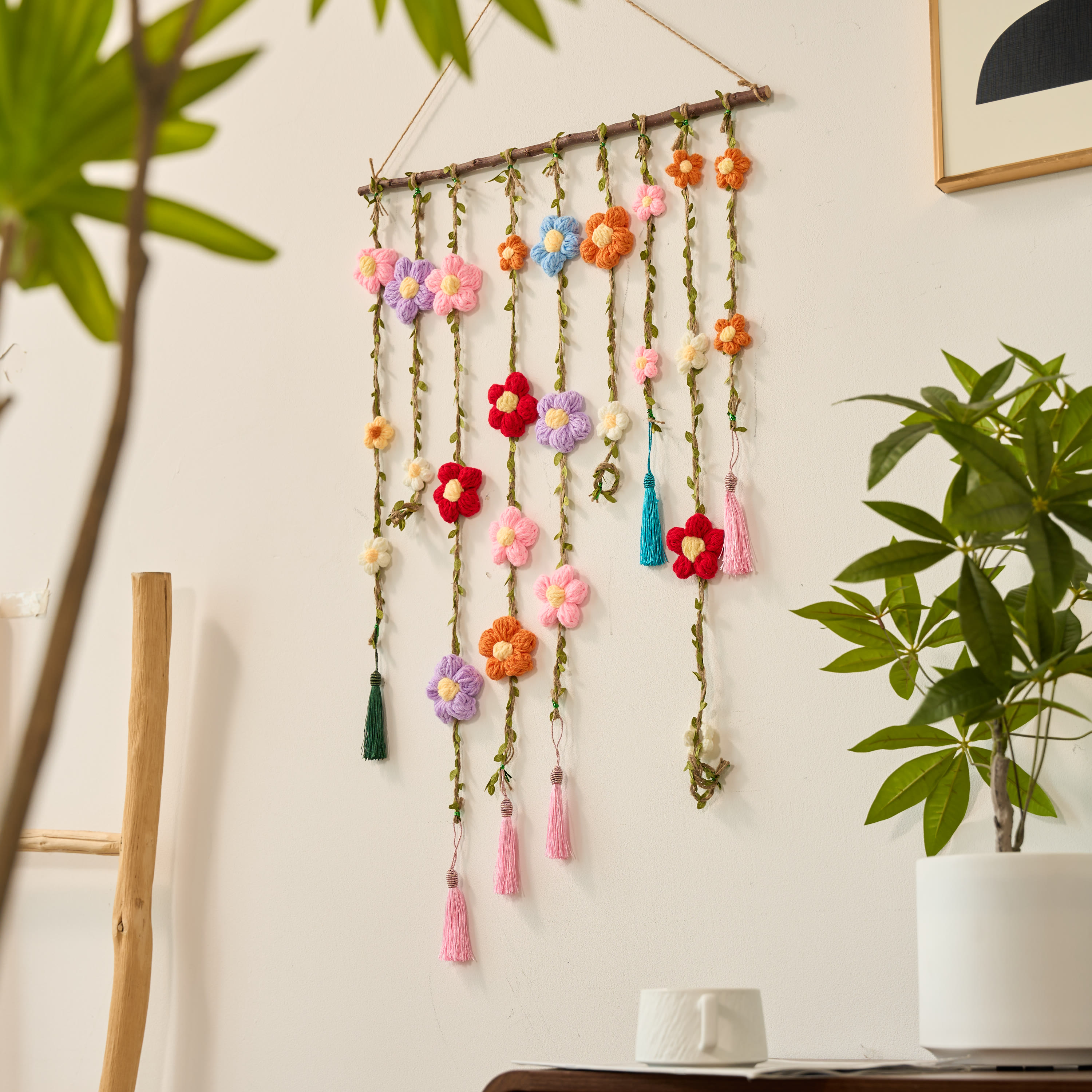 Rubbyoo Floral Vine Wall Hanging - Handmade Crochet Artwork | Boho Flower Pendant Ornament - image 3