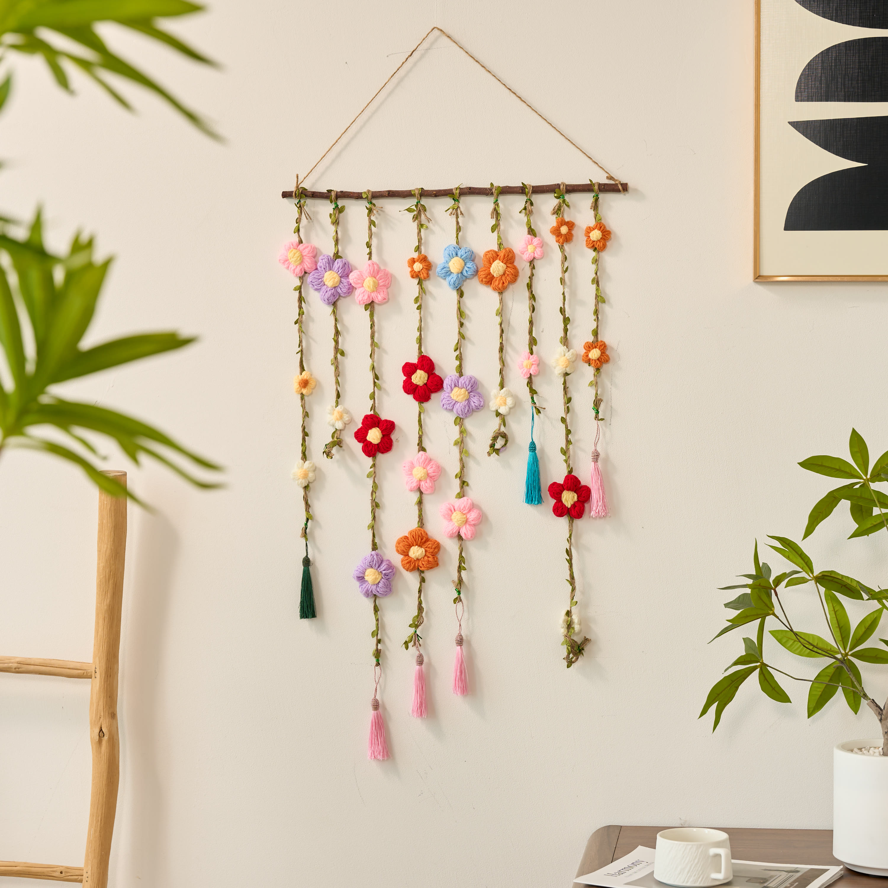 Rubbyoo Floral Vine Wall Hanging - Handmade Crochet Artwork | Boho Flower Pendant Ornament - 50cm - image 1