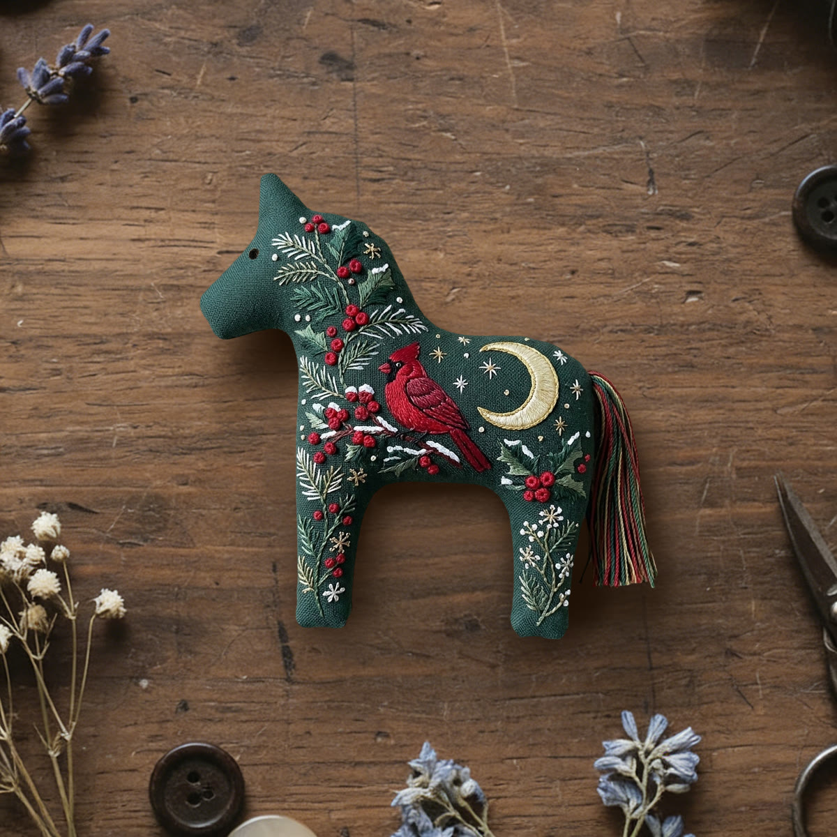 Rubbyoo Dala Horse Embroidery Kit - Winter Midnight Cardinal | Traditional Christmas Tree Hanging | Cozy Festive Parlor Display - 6 inches hoop kit - image 1