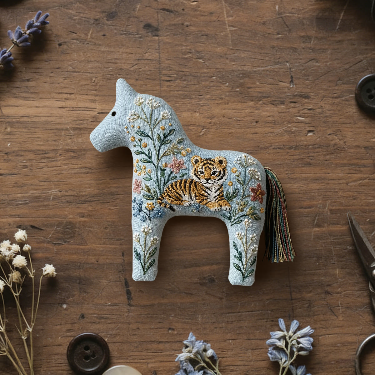 Rubbyoo Dala Horse Embroidery Kit - Wild Baby Tiger | Diy Lovely Wildlife Craft For Kids | Ideal Nursery Room Shelf Display - 6 inches hoop kit - image 1