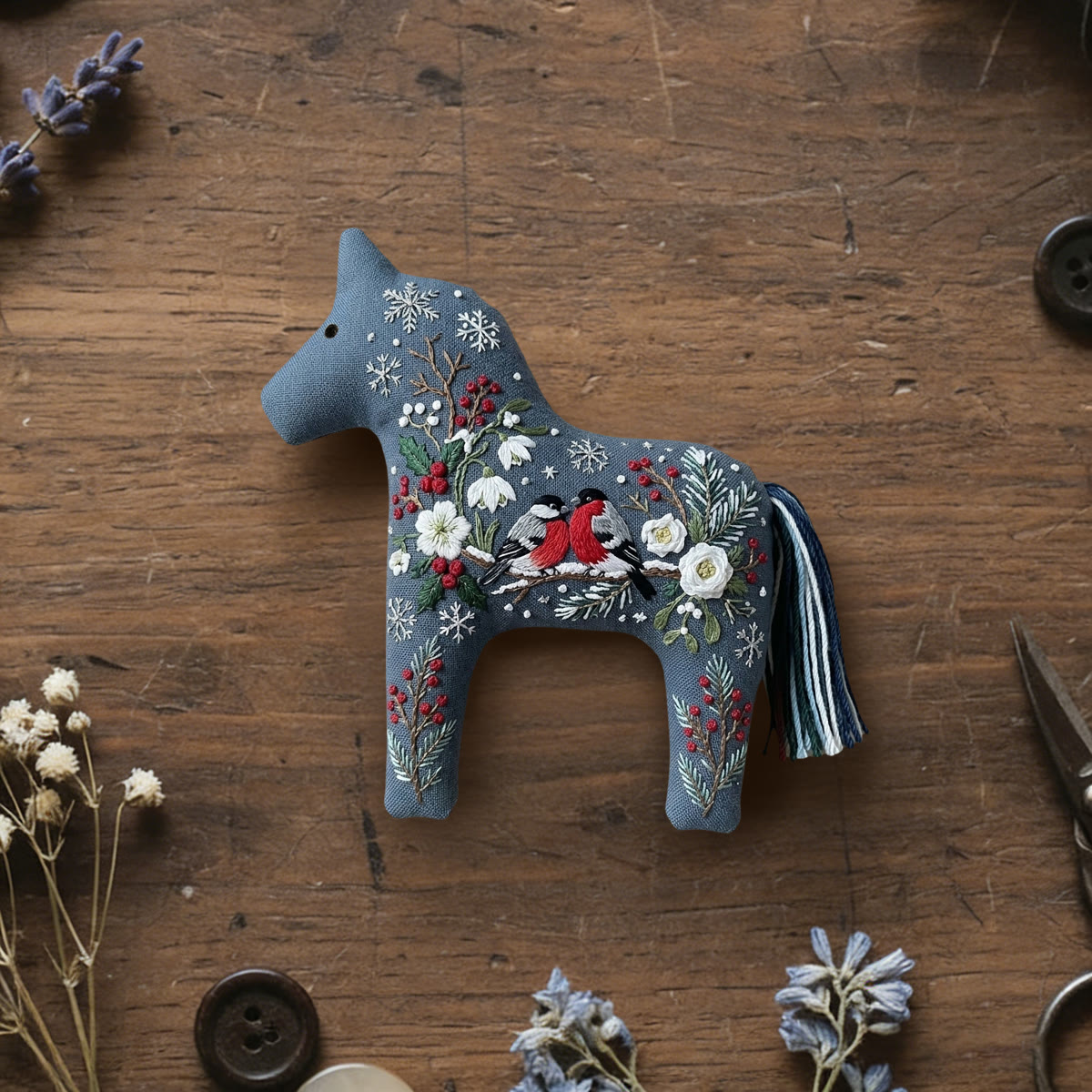 Rubbyoo Dala Horse Embroidery Kit - Loving Bullfinches | Handmade Winter Fireplace Decor | Vintage Nordic Shelf Accent - 6 inches hoop kit - image 1