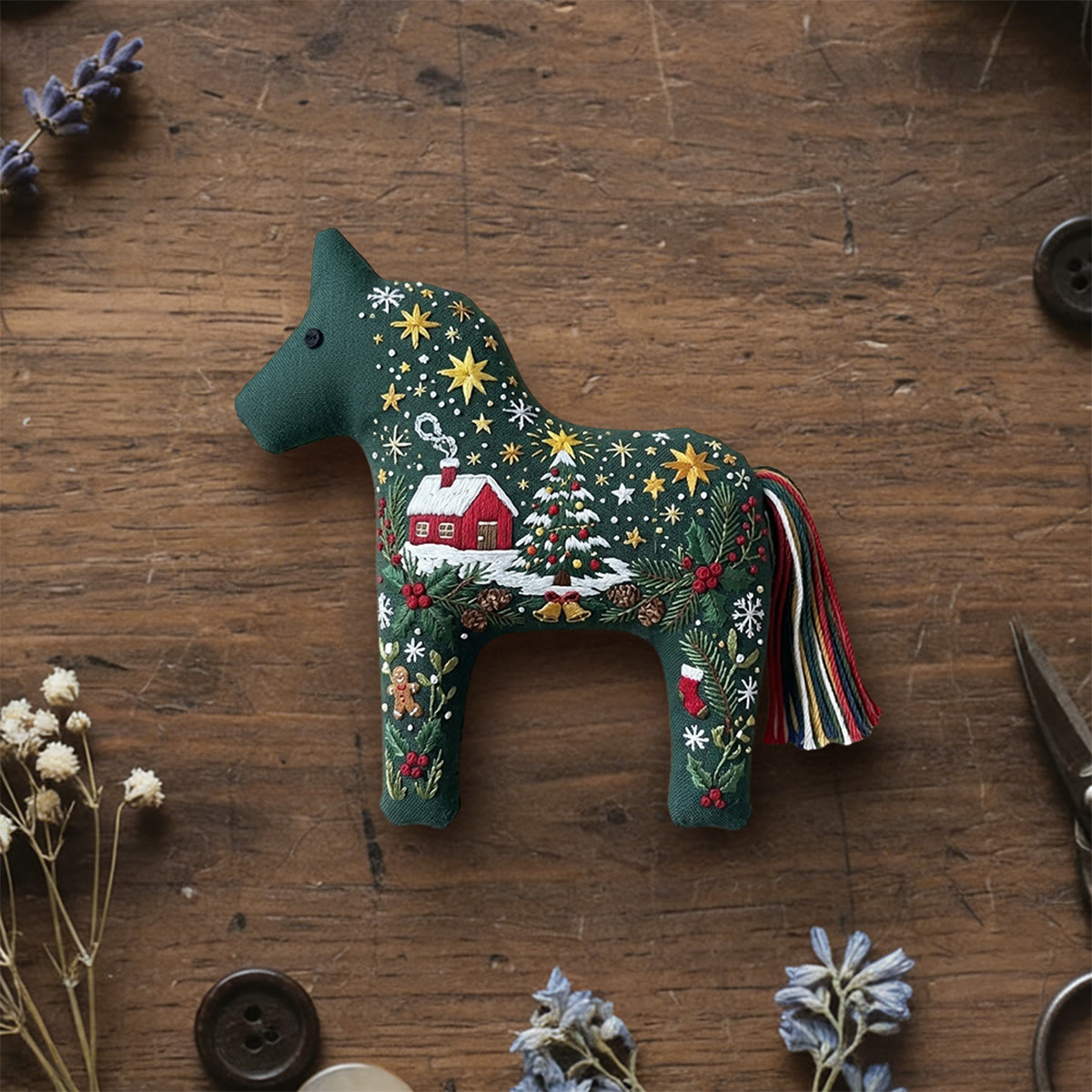 Rubbyoo Dala Horse Embroidery Kit - Cheerful Christmas Night | Handmade Cozy Festive Home Decor | Ideal Winter Indoor Ornament - 6 inches hoop kit - image 1